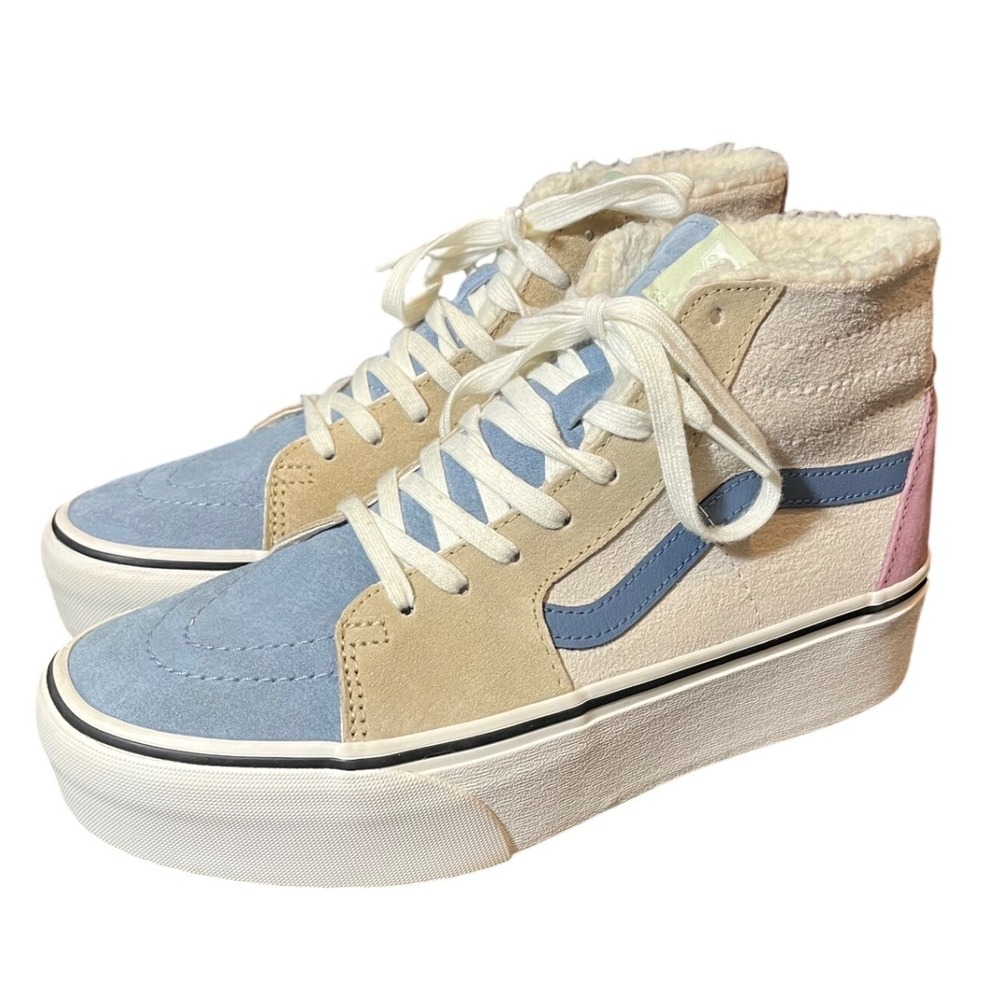 Vans Sk8-Hi Stacked Shoes Womens 9.5 Blue Tan Pink Sherpa Suede Platform